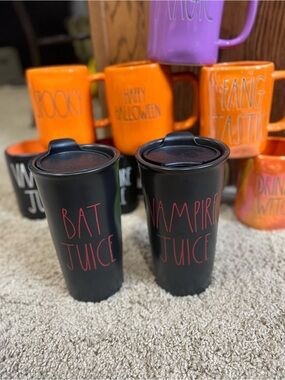 Rae Dunn Black Travel Tumblers with Red Lettering — Bat Juice & Vampire Juice